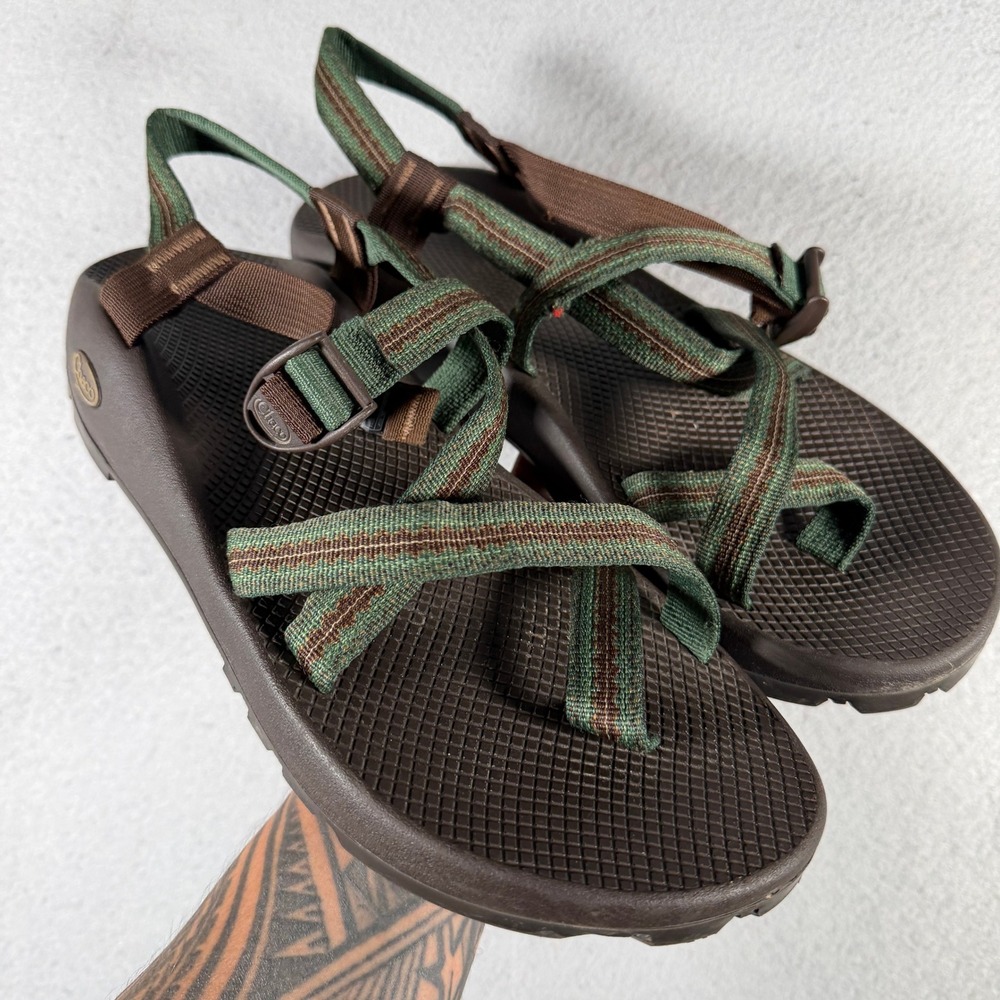 Chaco Z2 Yampa Mens 14 Brown Green Striped Toe Loop Vibram Hiking Sandals